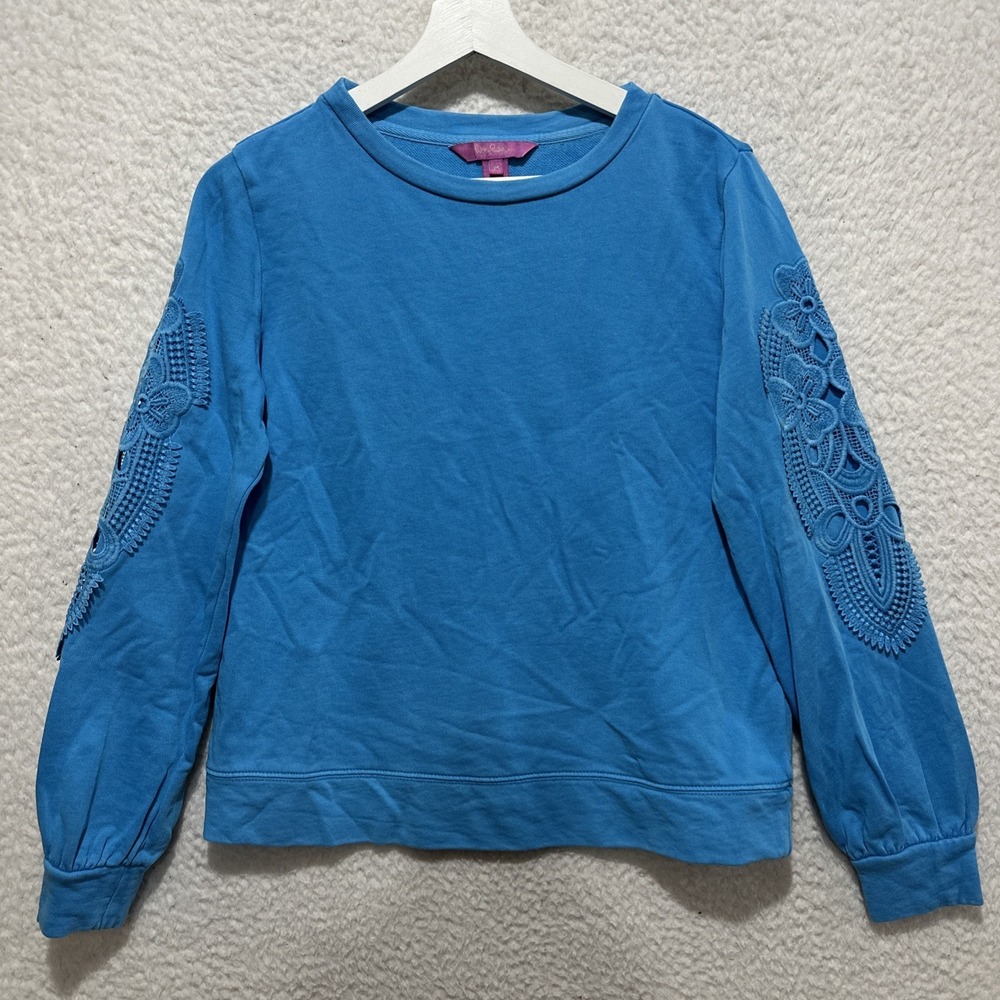 Lilly Pulitzer XS Rooney Sweatshirt Turquoise Shore Intricate Lace‎ Embroidery